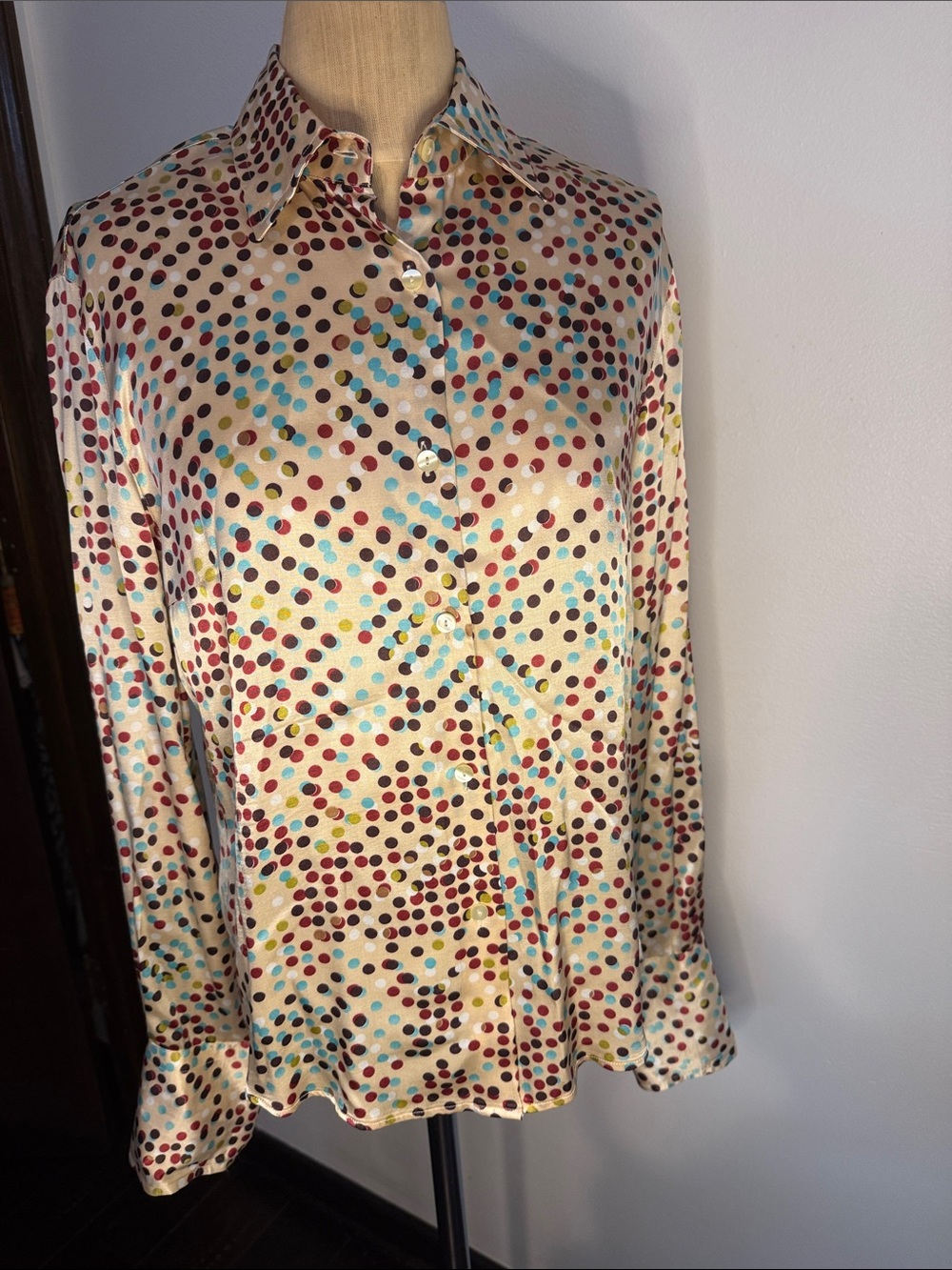 Polka Dot Satin Long-Sleeve Shirt - Cream Multicolor